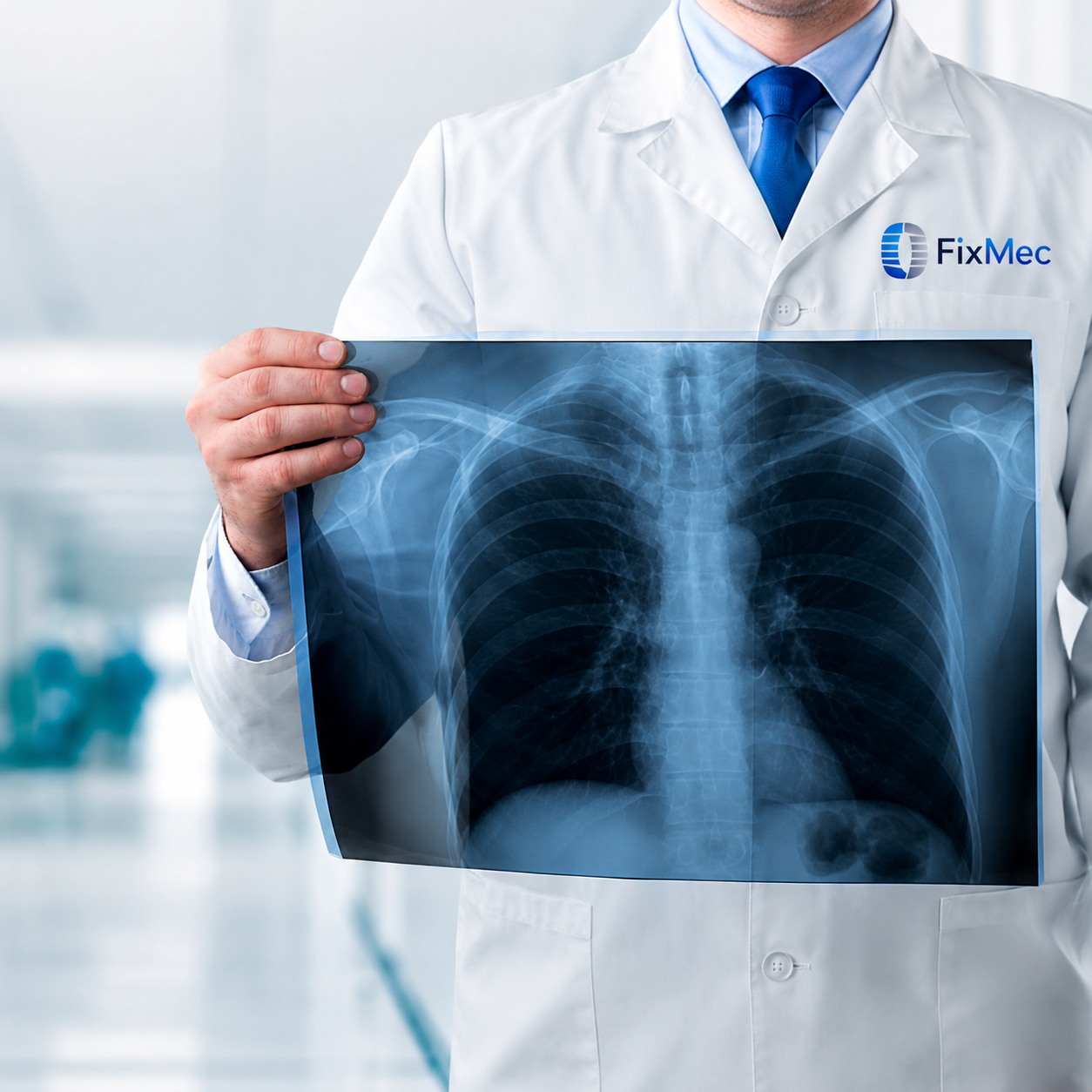 Médico especialista revisando radiografía con logo FixMec
